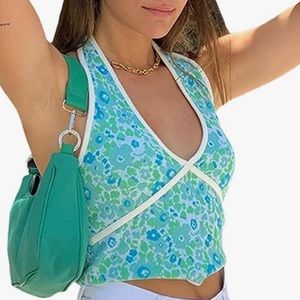 Blue Green Cropped Halter Top